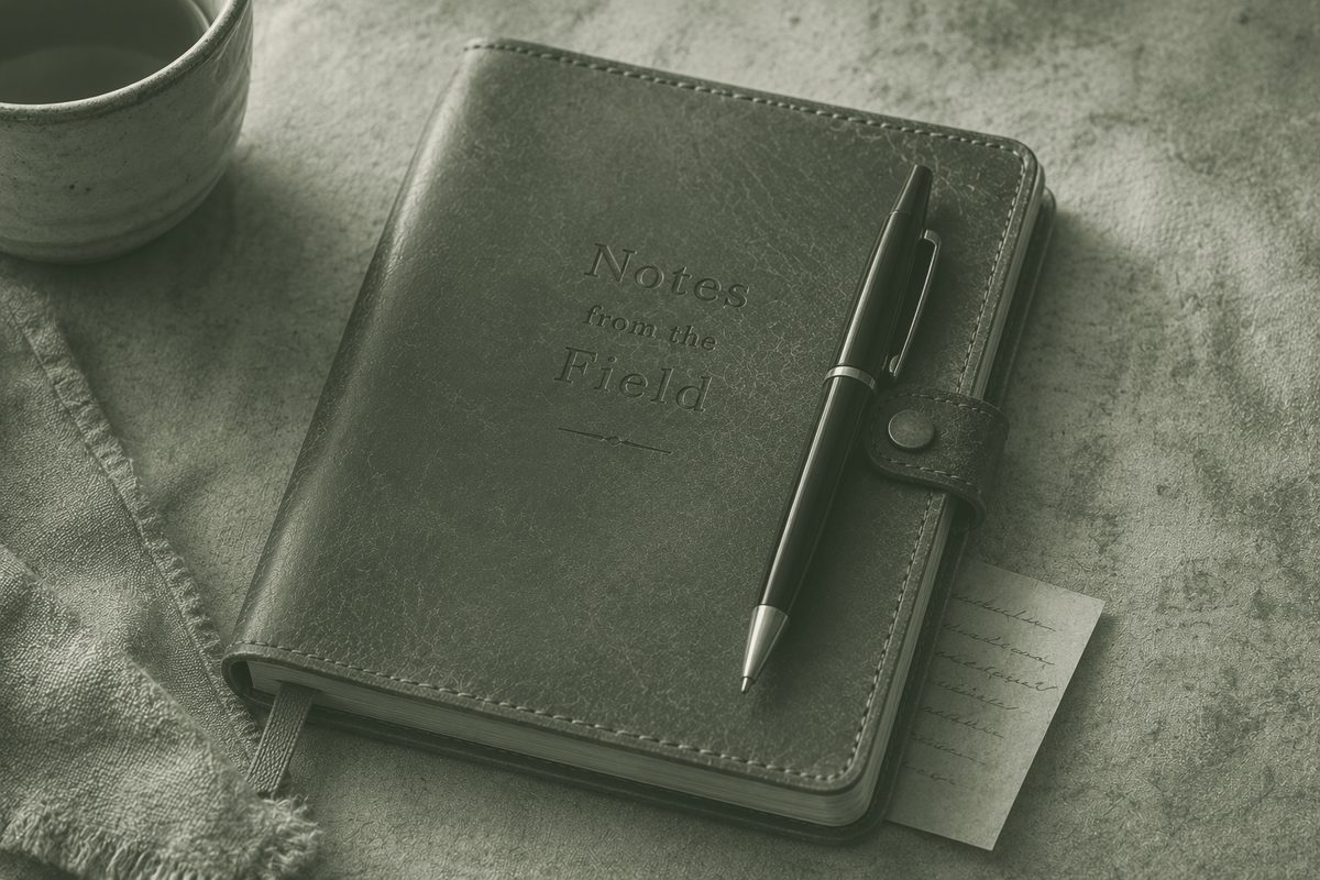 A leather notebook titled Notes from the Field, with a pen and a cup of tea